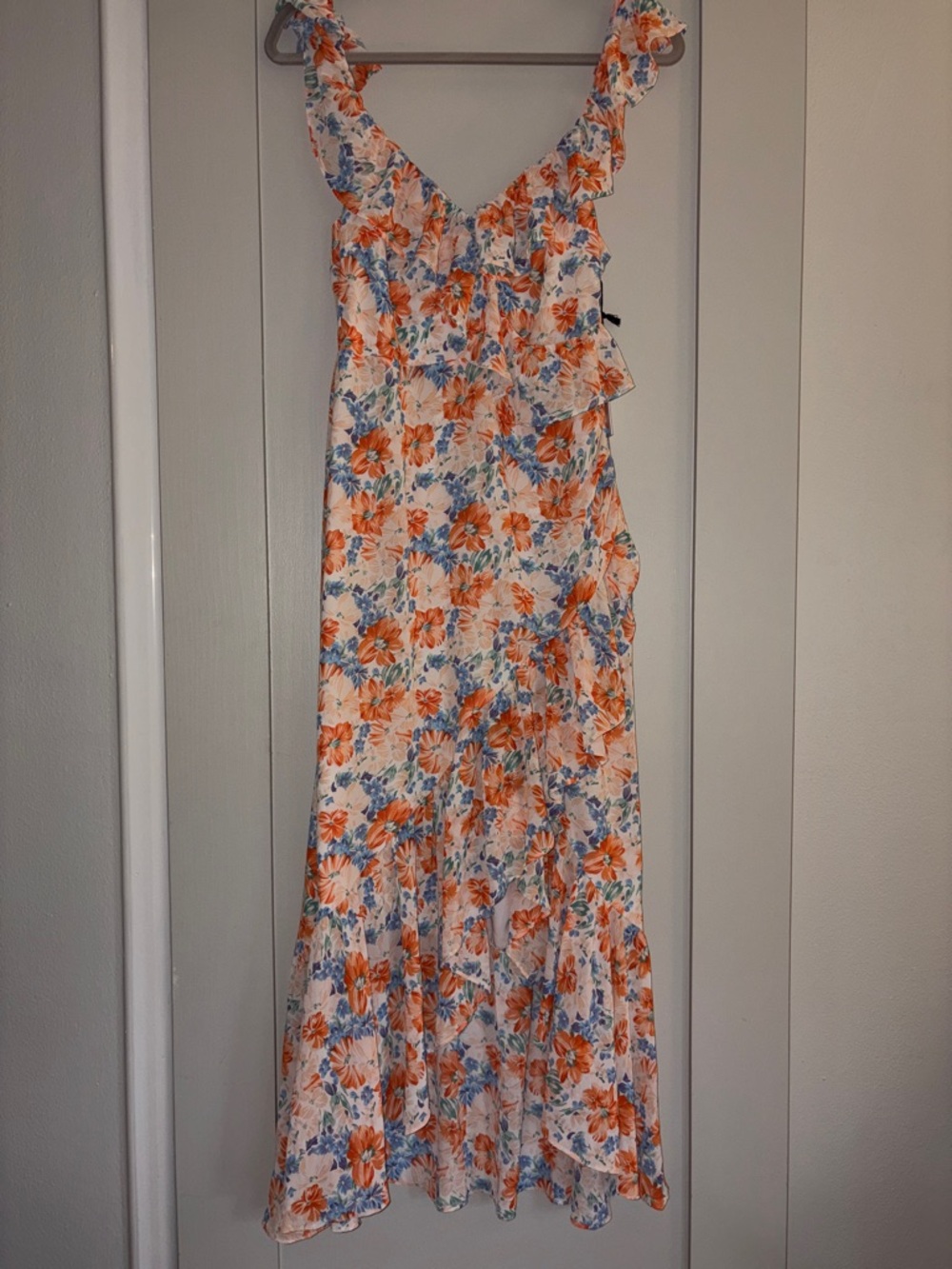 Astr Spring Floral Ruffled Maxi Dress - White with Orange & Blue Flowers Medium